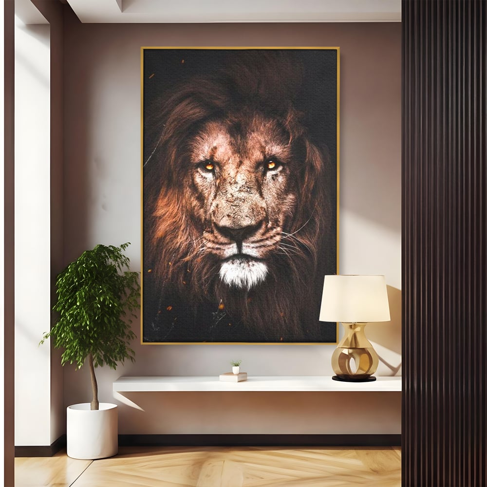 Tablou canvas cu tablou canvas cu leu, in rama de aluminiu auriu